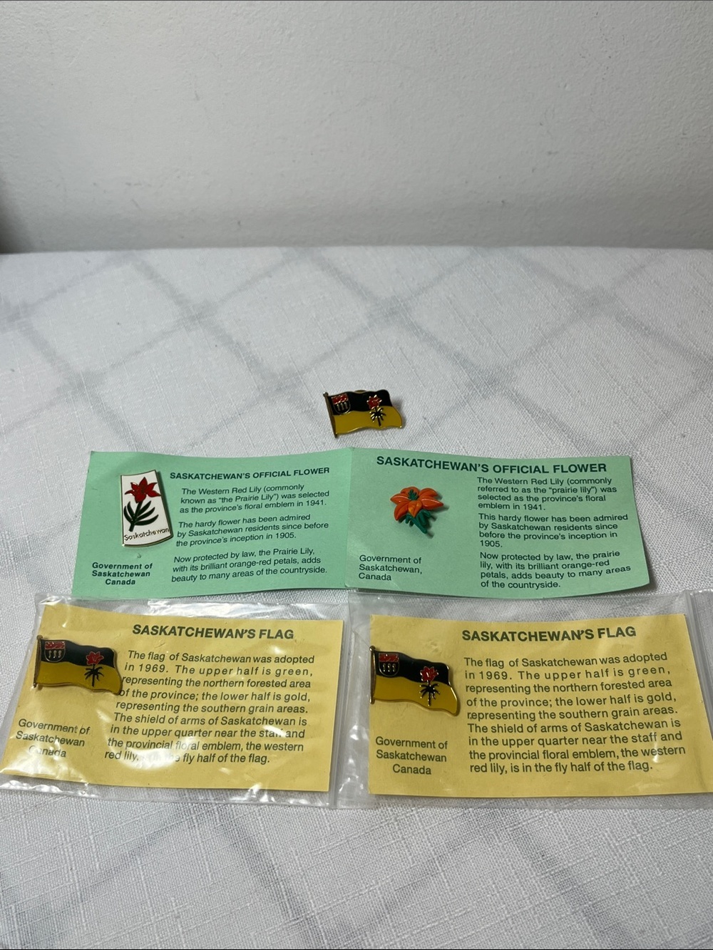 Vintage Saskatchewan Flag & Flower Enamel Pin Set
Collectible